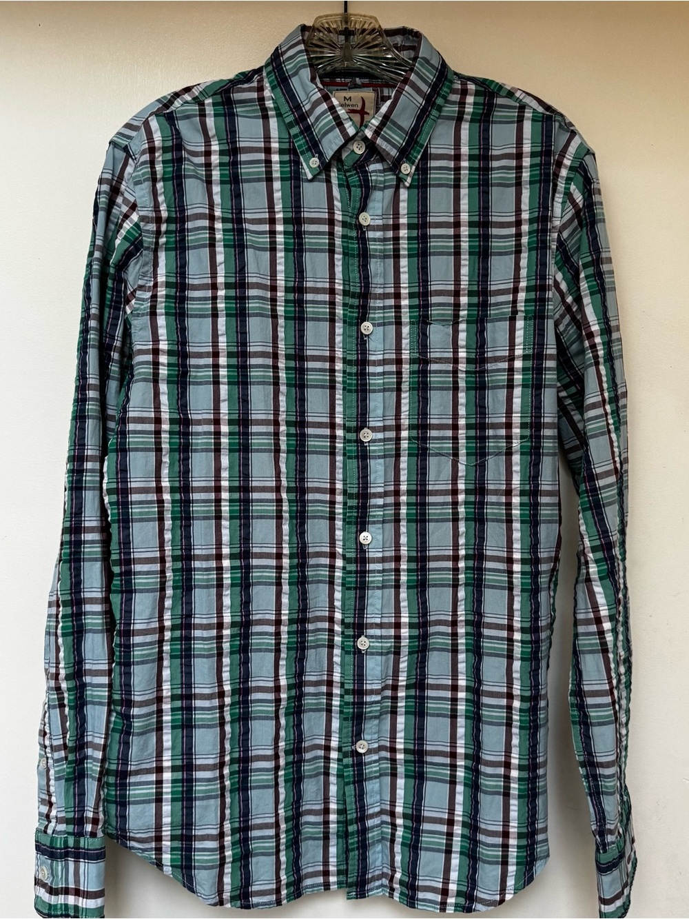 Relwen Men's Seersucker Button-Down Plaid Shirt - Light Blue & Green